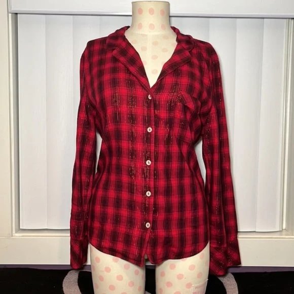 Victoria's Secret Button-Up Sparkle Shimmer Plaid Sleepshirt Red Size S - Picture 1 of 10